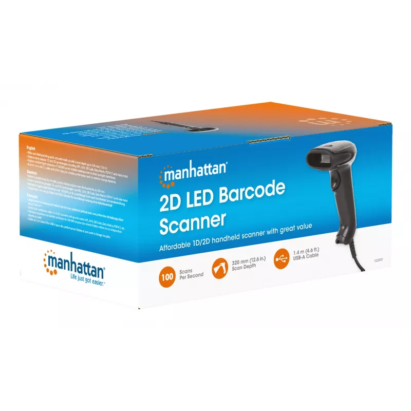 Manhattan Contact CCD Handheld Barcode Scanner, USB, 60mm Scan Width, Cable 152cm, Max Ambient Light 5,000 lux (sunlight), Black, Three Year Warranty