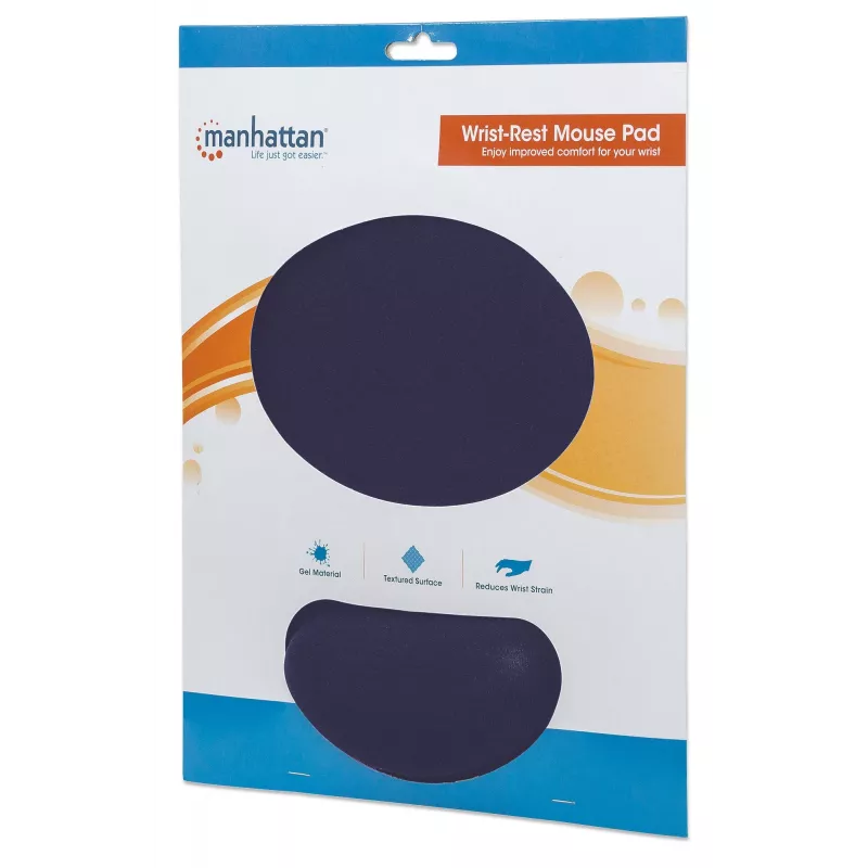 Manhattan Wrist Gel Support Pad and Mouse Mat, Blue, 241 × 203 × 40 mm, non slip base, Lifetime Warranty, Card Retail Packaging