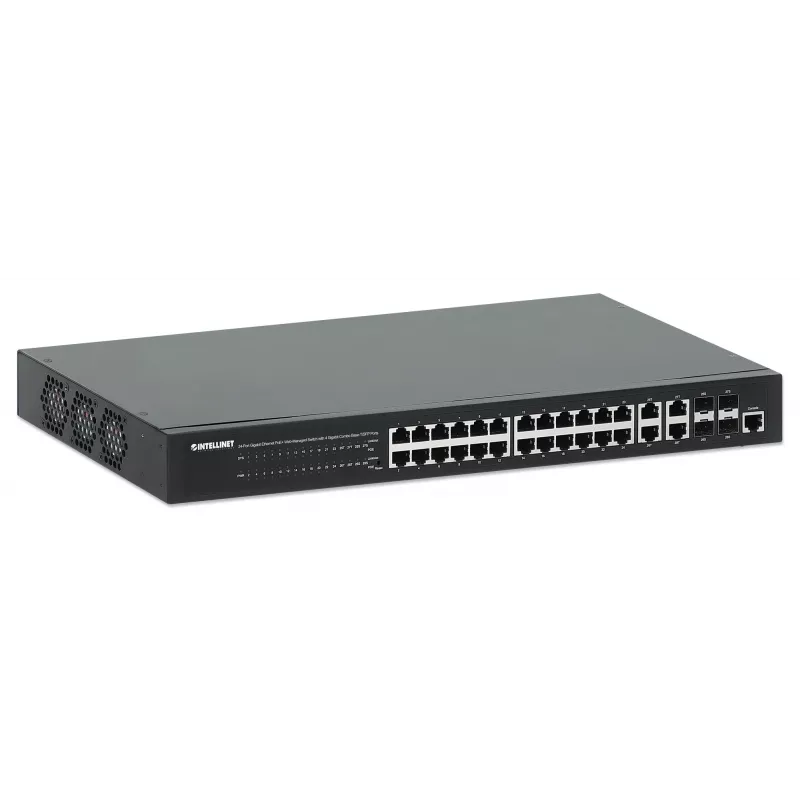 Intellinet 24-Port Gigabit Ethernet PoE+ Web-Managed Switch with 4 Gigabit Combo Base-T/SFP Ports, IEEE 802.3at/af Power over Ethernet (PoE+/PoE) Compliant, 370 W, Endspan, 19 inch Rackmount