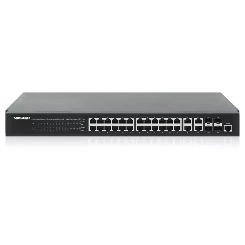 Intellinet 24-Port Gigabit Ethernet PoE+ Web-Managed Switch with 4 Gigabit Combo Base-T/SFP Ports, IEEE 802.3at/af Power over Ethernet (PoE+/PoE) Compliant, 370 W, Endspan, 19 inch Rackmount