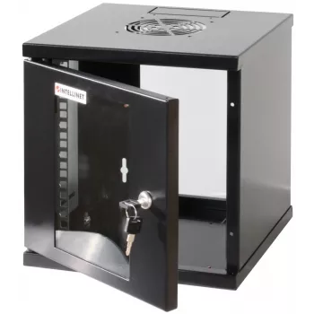 Intellinet 10 inch Network Cabinet - Wall Mount (Standard), 6U, 300mm Deep, Black, Assembled, Max 60kg, Suitable also for use on desk or floor, Usable Depth 265mm, Metal & Glass Door, Back Panel,Removeable Sides,Parts for wall install (eg screws/rawl plugs) not included