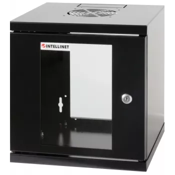 Intellinet 10 inch Network Cabinet - Wall Mount (Standard), 6U, 300mm Deep, Black, Assembled, Max 60kg, Suitable also for use on desk or floor, Usable Depth 265mm, Metal & Glass Door, Back Panel,Removeable Sides,Parts for wall install (eg screws/rawl plugs) not included