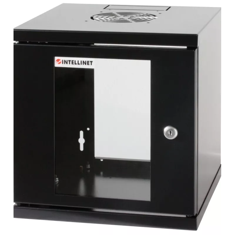 Intellinet 10 inch Network Cabinet - Wall Mount (Standard), 6U, 300mm Deep, Black, Assembled, Max 60kg, Suitable also for use on desk or floor, Usable Depth 265mm, Metal & Glass Door, Back Panel,Removeable Sides,Parts for wall install (eg screws/rawl plugs) not included