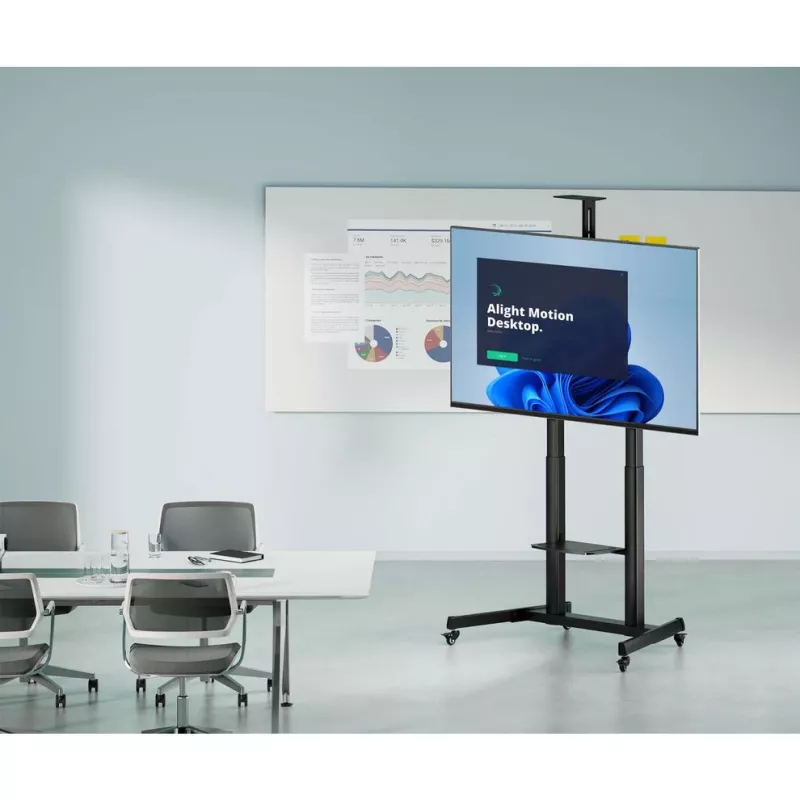 Manhattan Trolley Mount Stand for TV & Monitors (crank handle height adjust), For screens: 37 inch to 120 inch,VESA compatibility:all between 200x200 to 1000x600mm -check the dimensions of the four mounting holes on back of screen to ensure it fits,Max 120kg,1180 to 1630mm