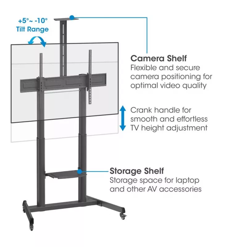 Manhattan Trolley Mount Stand for TV & Monitors (crank handle height adjust), For screens: 37 inch to 120 inch,VESA compatibility:all between 200x200 to 1000x600mm -check the dimensions of the four mounting holes on back of screen to ensure it fits,Max 120kg,1180 to 1630mm