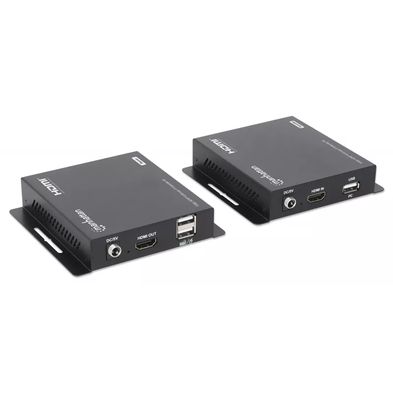 Manhattan 1080p HDMI KVM over IP Extender Kit, Extends 1080p@60Hz signal up to 120m with a single Cat6 Ethernet Cable or an IP-enabled network, Transmitter and Receiver, USB-A ports for PC/Mouse/Keyboard, Black, Three Year Warranty