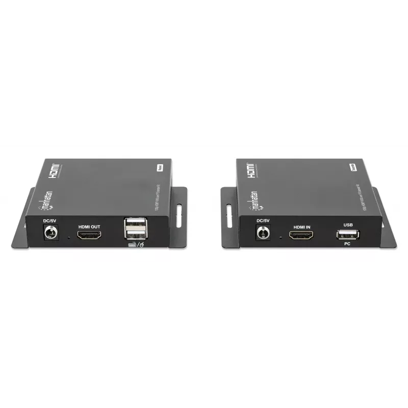 Manhattan 1080p HDMI KVM over IP Extender Kit, Extends 1080p@60Hz signal up to 120m with a single Cat6 Ethernet Cable or an IP-enabled network, Transmitter and Receiver, USB-A ports for PC/Mouse/Keyboard, Black, Three Year Warranty