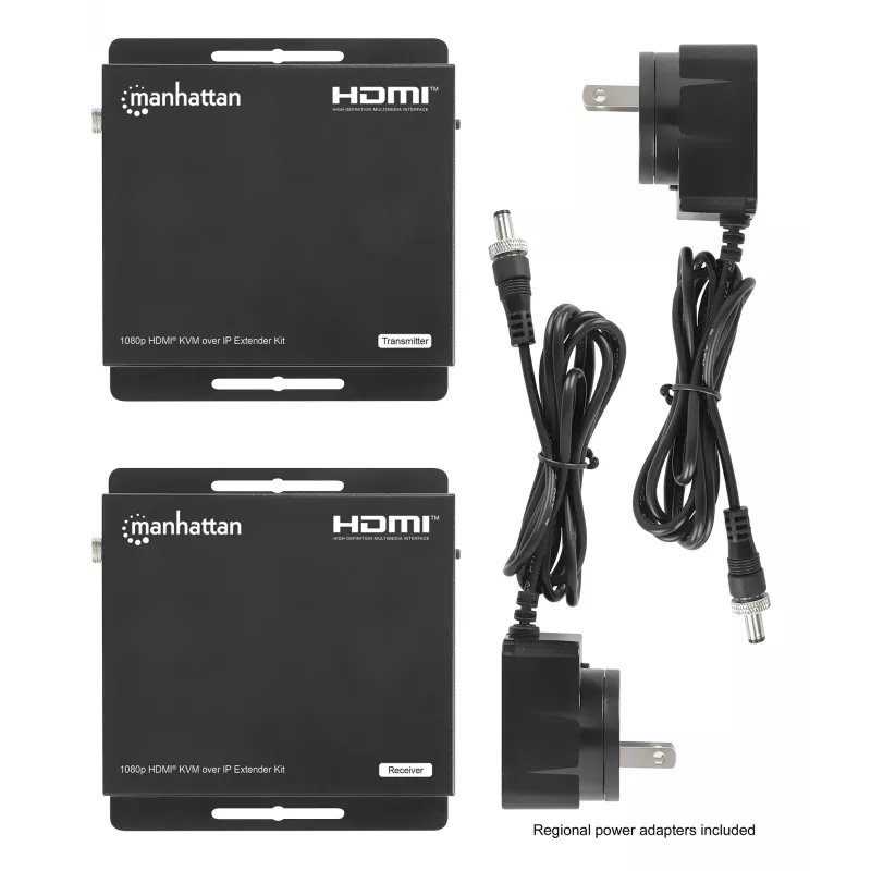 Manhattan 1080p HDMI KVM over IP Extender Kit, Extends 1080p@60Hz signal up to 120m with a single Cat6 Ethernet Cable or an IP-enabled network, Transmitter and Receiver, USB-A ports for PC/Mouse/Keyboard, Black, Three Year Warranty