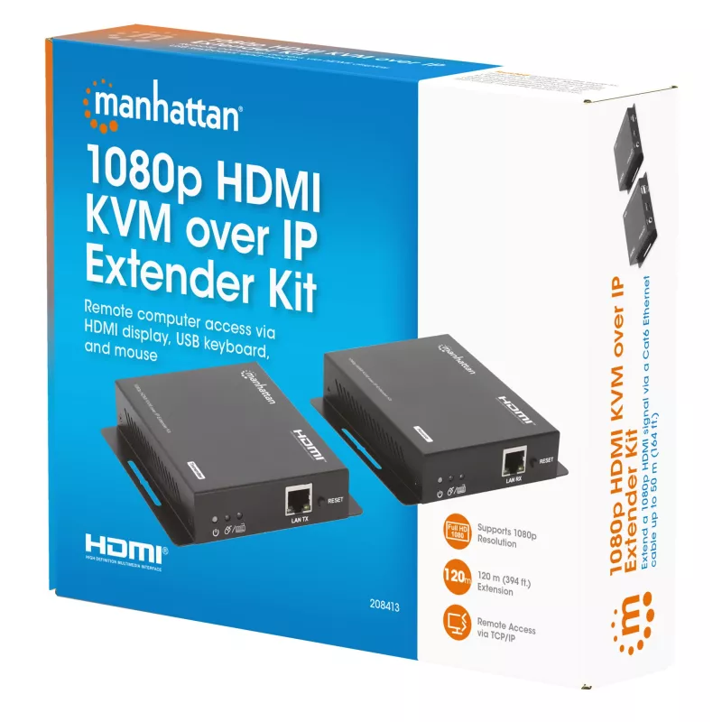 Manhattan 1080p HDMI KVM over IP Extender Kit, Extends 1080p@60Hz signal up to 120m with a single Cat6 Ethernet Cable or an IP-enabled network, Transmitter and Receiver, USB-A ports for PC/Mouse/Keyboard, Black, Three Year Warranty