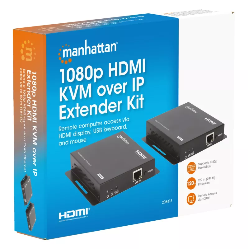 Manhattan 1080p HDMI KVM over IP Extender Kit, Extends 1080p@60Hz signal up to 120m with a single Cat6 Ethernet Cable or an IP-enabled network, Transmitter and Receiver, USB-A ports for PC/Mouse/Keyboard, Black, Three Year Warranty