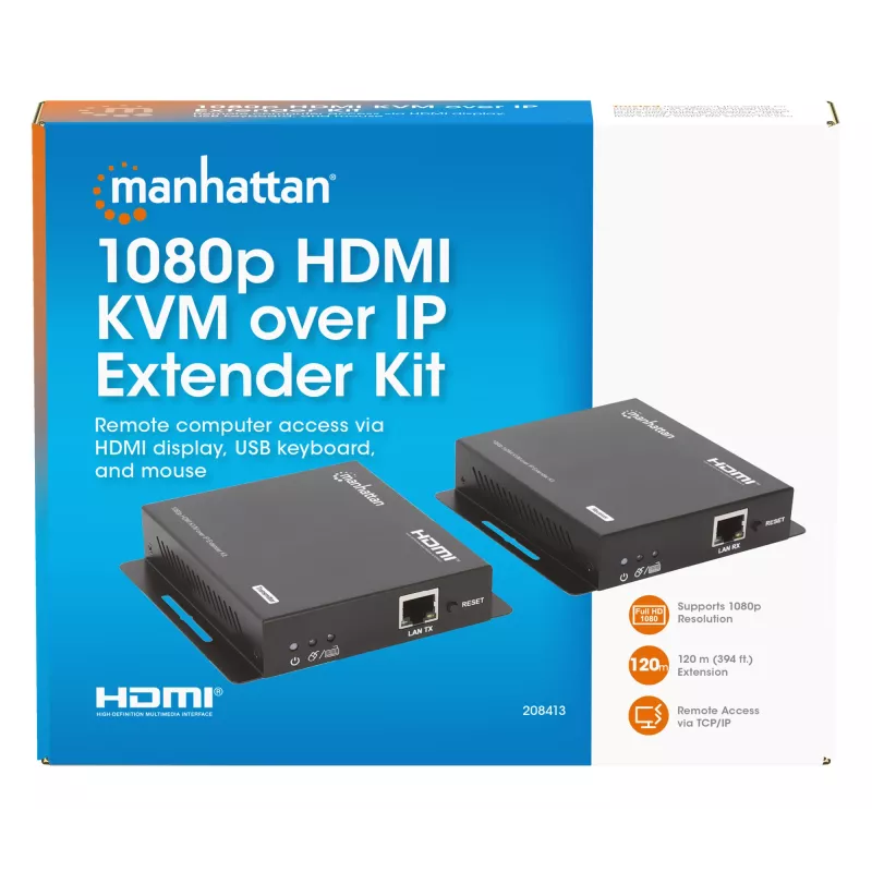 Manhattan 1080p HDMI KVM over IP Extender Kit, Extends 1080p@60Hz signal up to 120m with a single Cat6 Ethernet Cable or an IP-enabled network, Transmitter and Receiver, USB-A ports for PC/Mouse/Keyboard, Black, Three Year Warranty