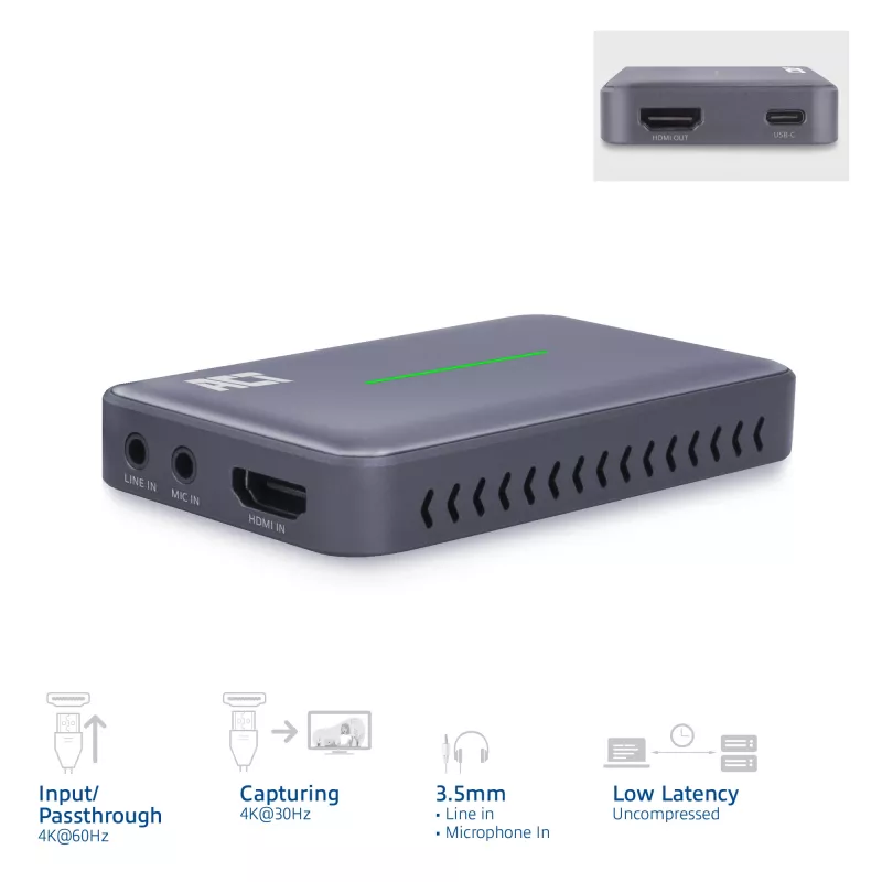 ACT USB-C Video Capture Card, HDMI 4K@60Hz passthrough, 4K@30Hz capture