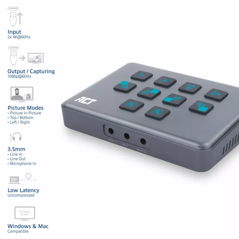 ACT Dual HDMI input USB-C Video Switcher 60Hz Grey