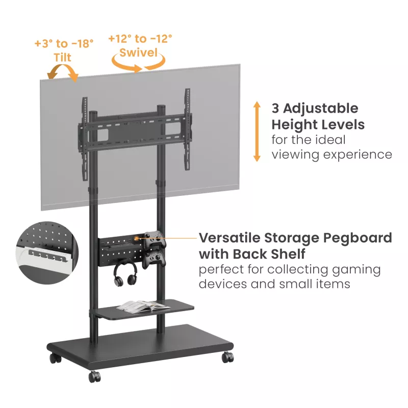 Mobile TV Trolley EQUIP 50 inch–90 inch with Pegboard Shelf, VESA 200x200–600x400, 60 kg, black