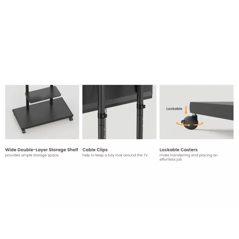 Mobile TV Trolley EQUIP 50 inch–90 inch with Pegboard Shelf, VESA 200x200–600x400, 60 kg, black
