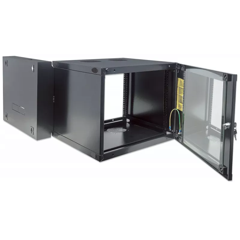 Intellinet 19 inch Network Cabinet - Wall Mount (Double Section Hinged Swing Out), 15U, 600mm Deep, Black, Flatpack, Max 30kg, Swings out for access to back of cabinet when installed on wall, Rack, Usable Depth 385mm, Parts for wall installation not included