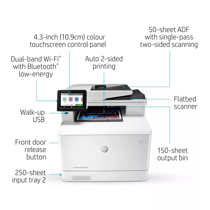 HP Color LaserJet Pro MFP M479fdw, Print, copy, scan, fax, email, Scan to email/PDF; Two-sided printing; 50-sheet uncurled ADF