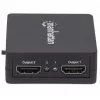 Manhattan HDMI Splitter 2-Port , 1080p, Black, Displays output from x1 HDMI source to x2 HD displays (same output to both displays), USB-A Powered (cable included, 0.7m), Three Year Warranty