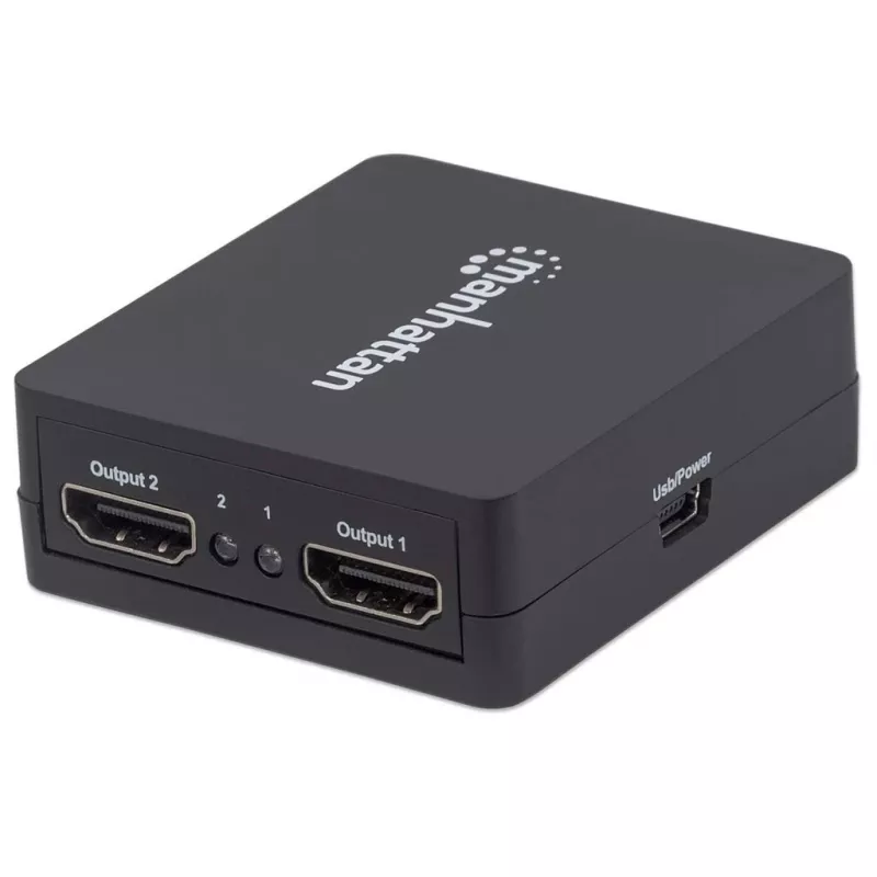 Manhattan HDMI Splitter 2-Port , 1080p, Black, Displays output from x1 HDMI source to x2 HD displays (same output to both displays), USB-A Powered (cable included, 0.7m), Three Year Warranty