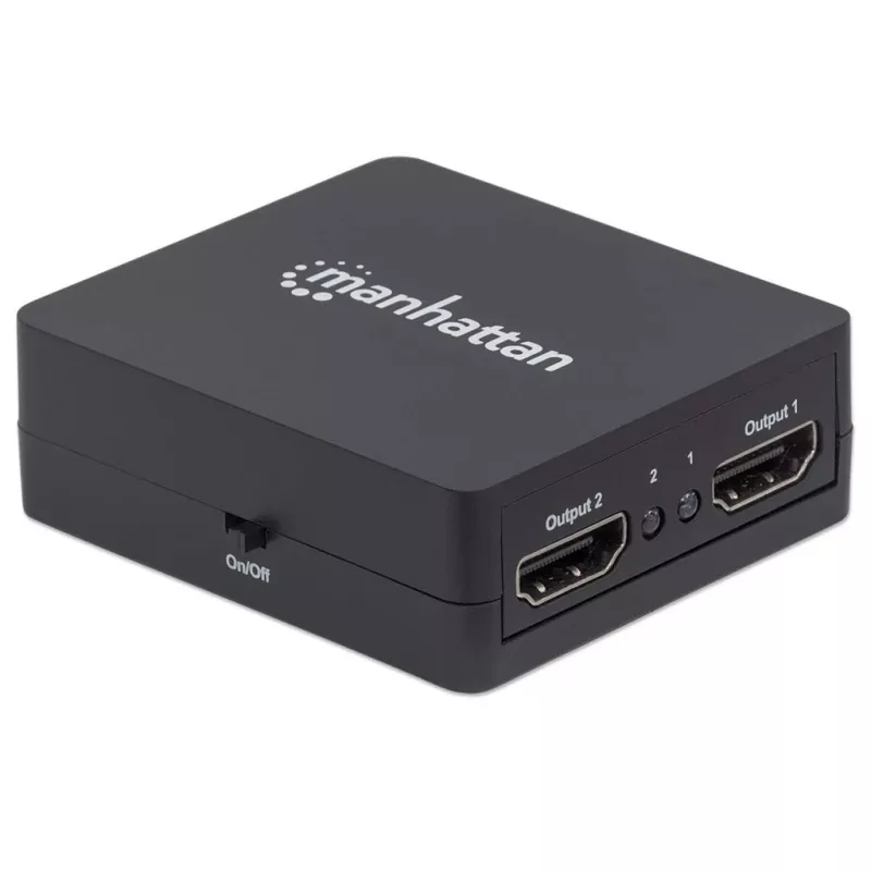 Manhattan HDMI Splitter 2-Port , 1080p, Black, Displays output from x1 HDMI source to x2 HD displays (same output to both displays), USB-A Powered (cable included, 0.7m), Three Year Warranty