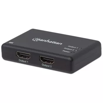Manhattan HDMI Splitter 2-Port , 4K@30Hz, Displays output from x1 HDMI source to x2 HD displays (same output to both displays), AC Powered (cable 0.9m), Black, Three Year Warranty