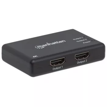 Manhattan HDMI Splitter 2-Port , 4K@30Hz, Displays output from x1 HDMI source to x2 HD displays (same output to both displays), AC Powered (cable 0.9m), Black, Three Year Warranty