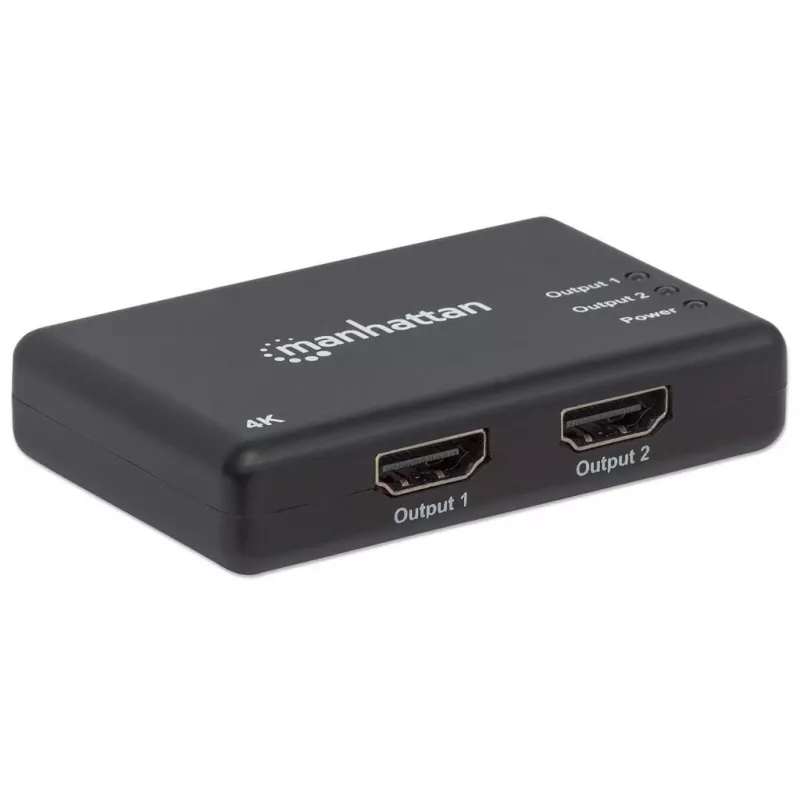 Manhattan HDMI Splitter 2-Port , 4K@30Hz, Displays output from x1 HDMI source to x2 HD displays (same output to both displays), AC Powered (cable 0.9m), Black, Three Year Warranty