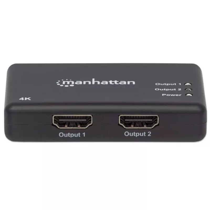 Manhattan HDMI Splitter 2-Port , 4K@30Hz, Displays output from x1 HDMI source to x2 HD displays (same output to both displays), AC Powered (cable 0.9m), Black, Three Year Warranty