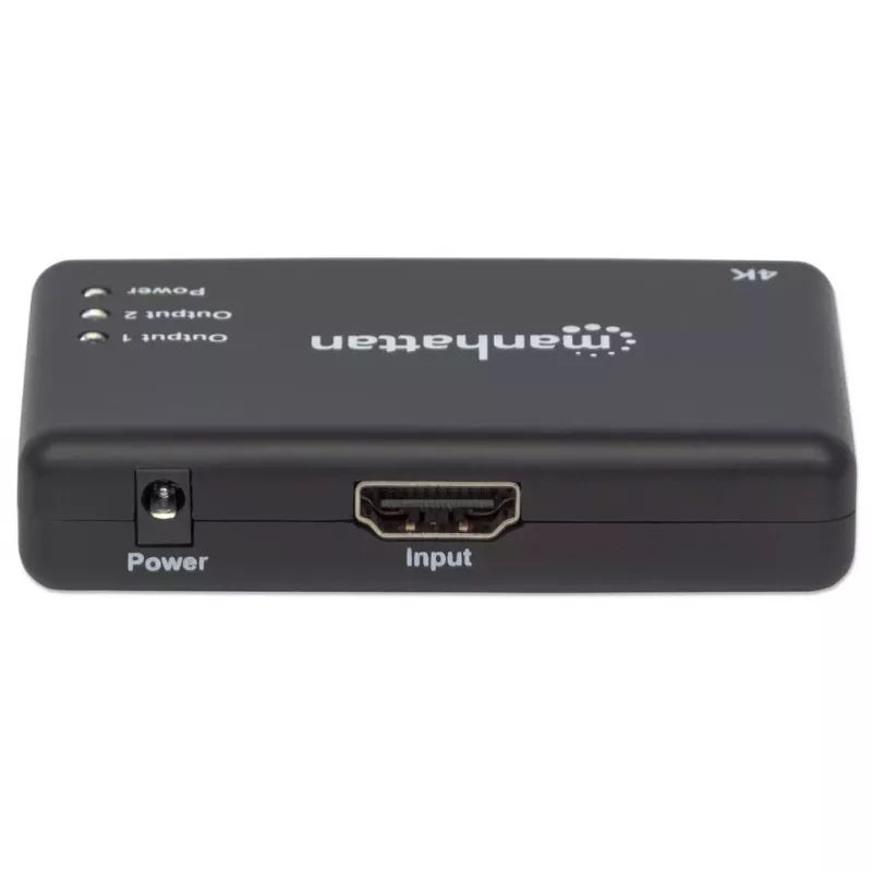 Manhattan HDMI Splitter 2-Port , 4K@30Hz, Displays output from x1 HDMI source to x2 HD displays (same output to both displays), AC Powered (cable 0.9m), Black, Three Year Warranty