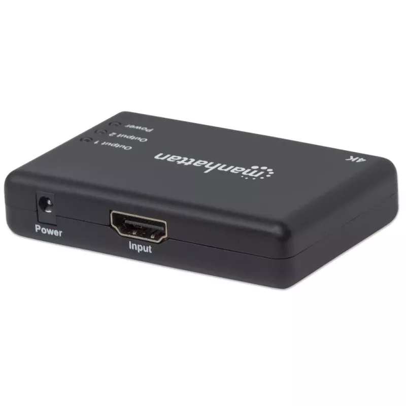 Manhattan HDMI Splitter 2-Port , 4K@30Hz, Displays output from x1 HDMI source to x2 HD displays (same output to both displays), AC Powered (cable 0.9m), Black, Three Year Warranty