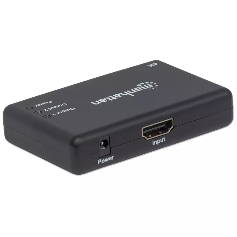Manhattan HDMI Splitter 2-Port , 4K@30Hz, Displays output from x1 HDMI source to x2 HD displays (same output to both displays), AC Powered (cable 0.9m), Black, Three Year Warranty