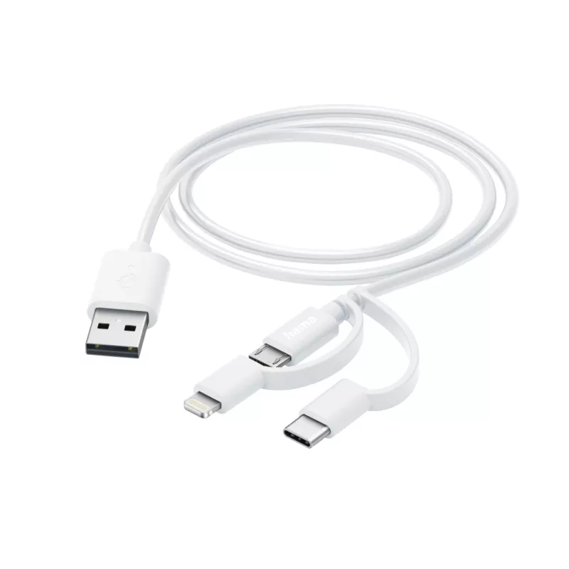 Hama 3-in-1 Multi Charging Cable, USB-A - Micro-USB, USB-C and Lightning, 1.0 m, White