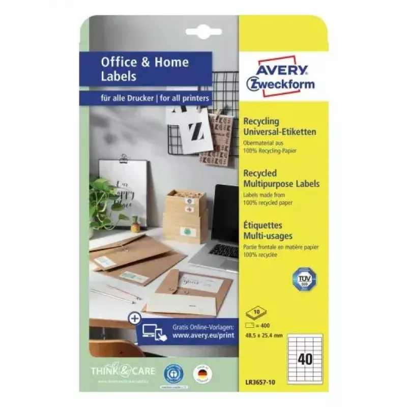 Self-adhesive printer label Avery LR3657-10 White 2.54x4.85 cm 400 pcs