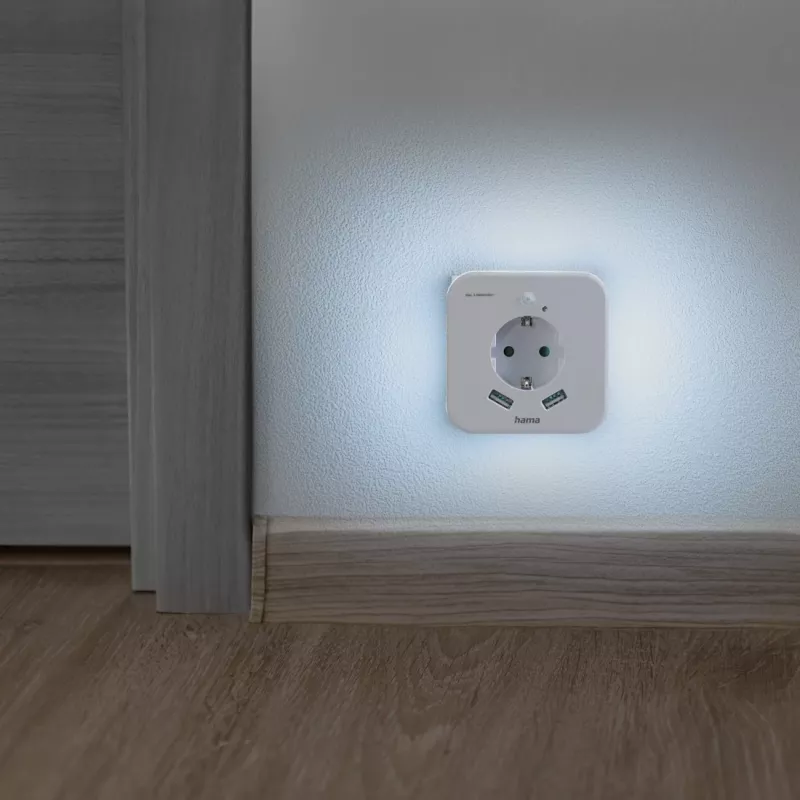 Hama 00223498 LED Night Light with Socket, 2 USB Outputs, Motion and Light Sensor