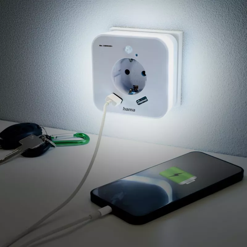 Hama 00223498 LED Night Light with Socket, 2 USB Outputs, Motion and Light Sensor