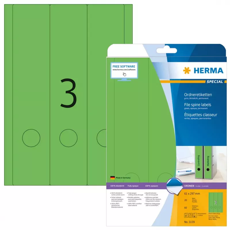 File labels HERMA A4 61x297 mm green paper matt opaque 60 pcs