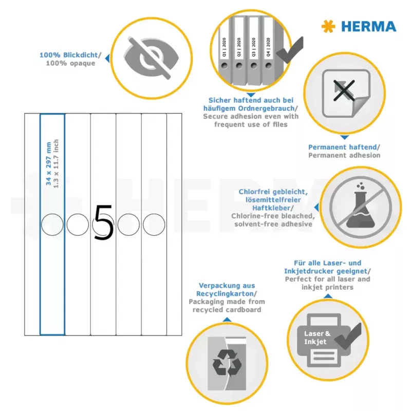 Suspension file labels HERMA 5165 A4 34x297 mm white paper matt opaque 125 pcs
