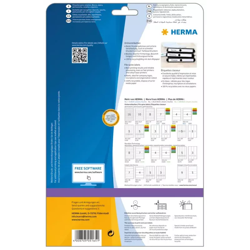Suspension file labels HERMA 5165 A4 34x297 mm white paper matt opaque 125 pcs