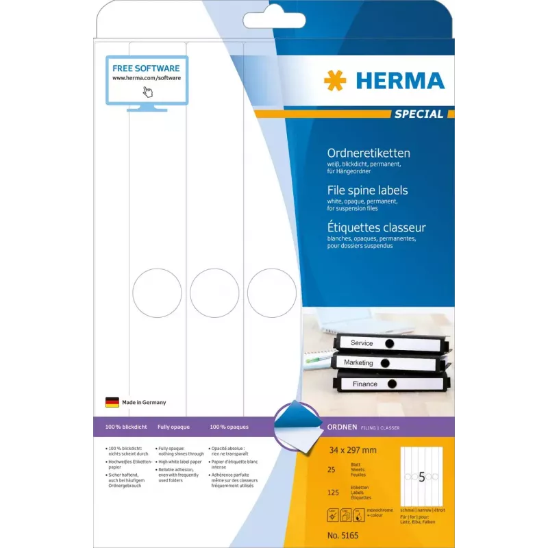 Suspension file labels HERMA 5165 A4 34x297 mm white paper matt opaque 125 pcs