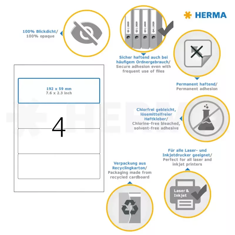 File labels HERMA A4 192x59 mm white paper matt opaque 100 pcs