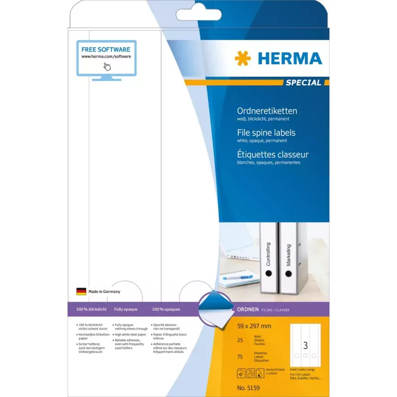 File labels HERMA 5159 A4 59x297 mm white paper matt opaque
