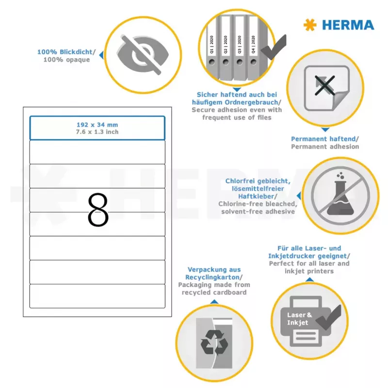 File labels HERMA A4 192x34 mm white paper matt opaque 200 pcs