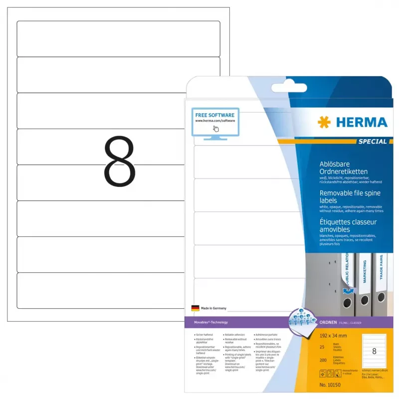 Removable file labels HERMA A4 192x34 mm white 200 pcs