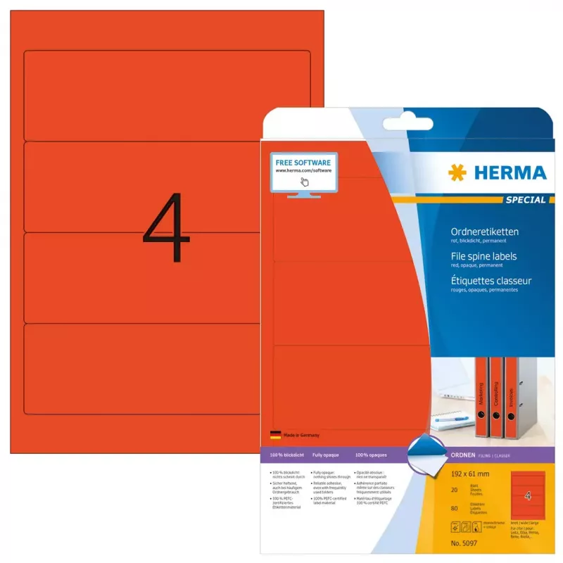 File labels HERMA A4 192x61 mm red paper matt opaque 80 pcs
