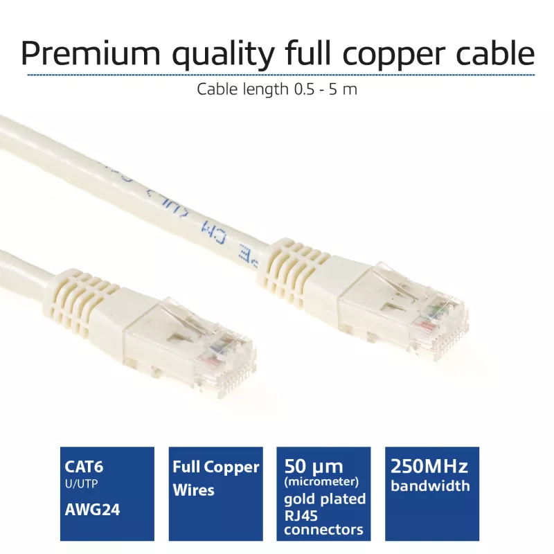 ACT Ivory 15 meter U/UTP CAT6 patch cable with RJ45 connectors
