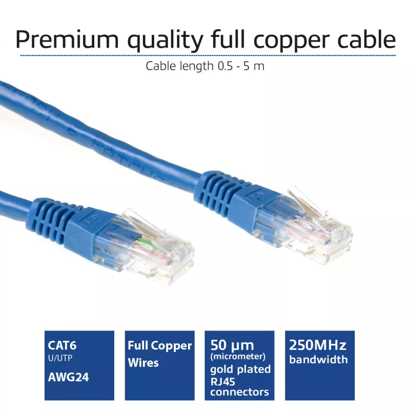 ACT Blue 10 meter U/UTP CAT6 patch cable with RJ45 connectors
