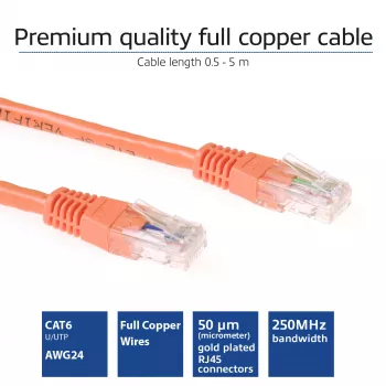 ACT Orange 0.5 meter U/UTP CAT6 patch cable with RJ45 connectors