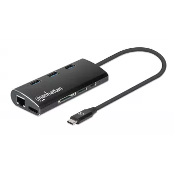 Manhattan USB-C Dock/Hub with Card Reader, Ports (x6): Ethernet, HDMI, USB-A (x3) and USB-C, With Power Delivery (100W) to USB-C Port (Note additional USB-C wall charger and USB-C cable needed), Universal for all devices, Aluminium, Equivalent to DKT30CSDHPD3