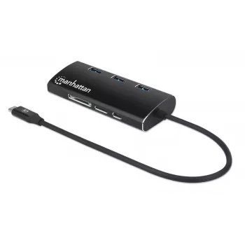 Manhattan USB-C Dock/Hub with Card Reader, Ports (x6): Ethernet, HDMI, USB-A (x3) and USB-C, With Power Delivery (100W) to USB-C Port (Note additional USB-C wall charger and USB-C cable needed), Universal for all devices, Aluminium, Equivalent to DKT30CSDHPD3