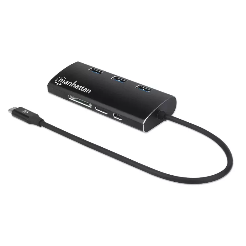 Manhattan USB-C Dock/Hub with Card Reader, Ports (x6): Ethernet, HDMI, USB-A (x3) and USB-C, With Power Delivery (100W) to USB-C Port (Note additional USB-C wall charger and USB-C cable needed), Universal for all devices, Aluminium, Equivalent to DKT30CSDHPD3